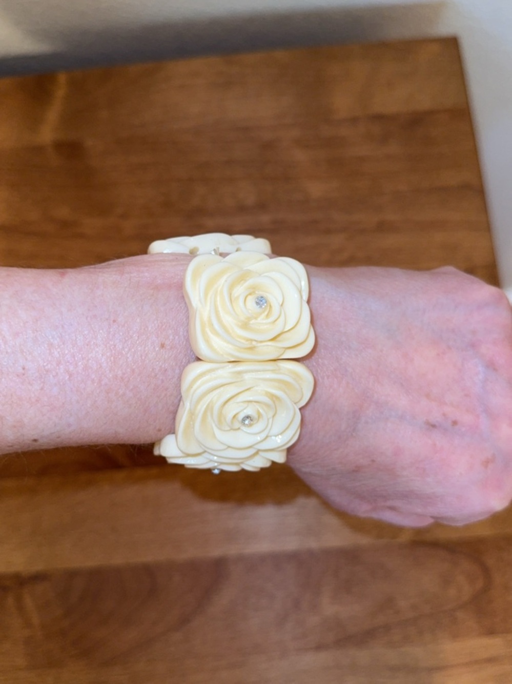 Ivory Floral Stretch Bracelet with Rhinestone Centers - Women Jewelry